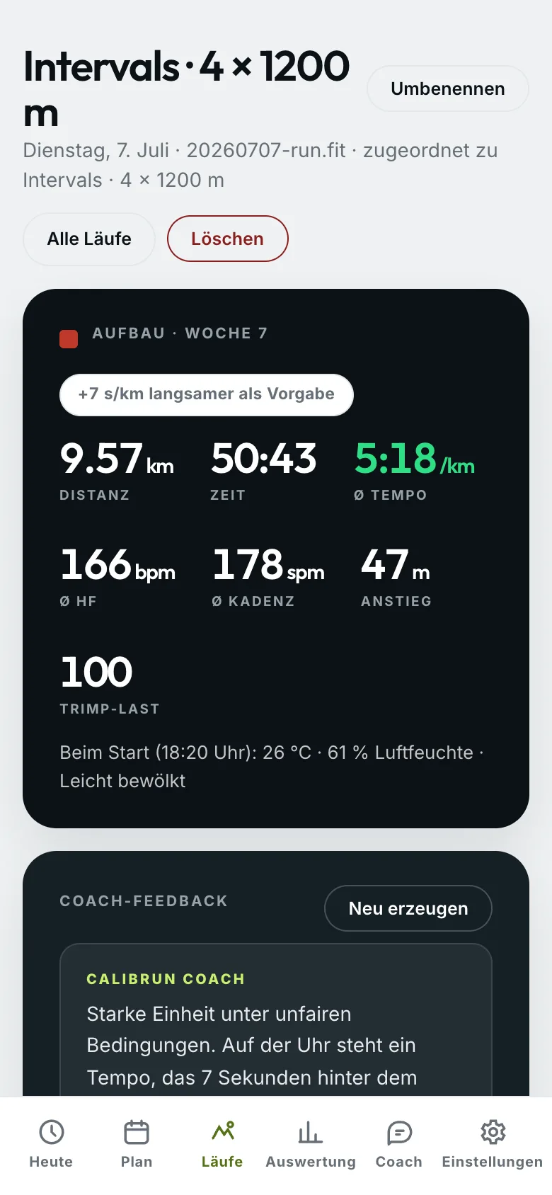 CalibRUN Lauf-Analyse mit Tempoabweichung, Herzfrequenzlage und Coach-Feedback